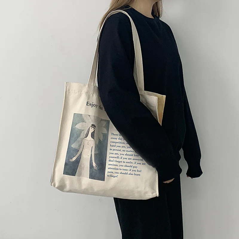 

Women Oil Print Canvas Shoulder Bag Female Cotton Cloth Causal Handbag Tote Student Books Bag Eco Grocery Shopper Bags For Girl
