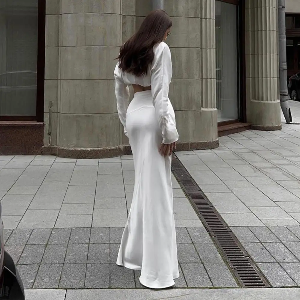Long Sleeve Crop Tops with High Waist Maxi Skirts Set White Satin Two-Pieces Sets Sexy Women Outfit 2024 Fashion Streetwear