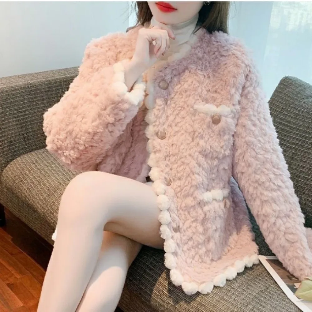 Luxury Faux Fur Coat Women Autumn Winter Jacket Crop Tops Long Sleeve Warm Kawaii Clothing O-neck Jacket Korean Fashion