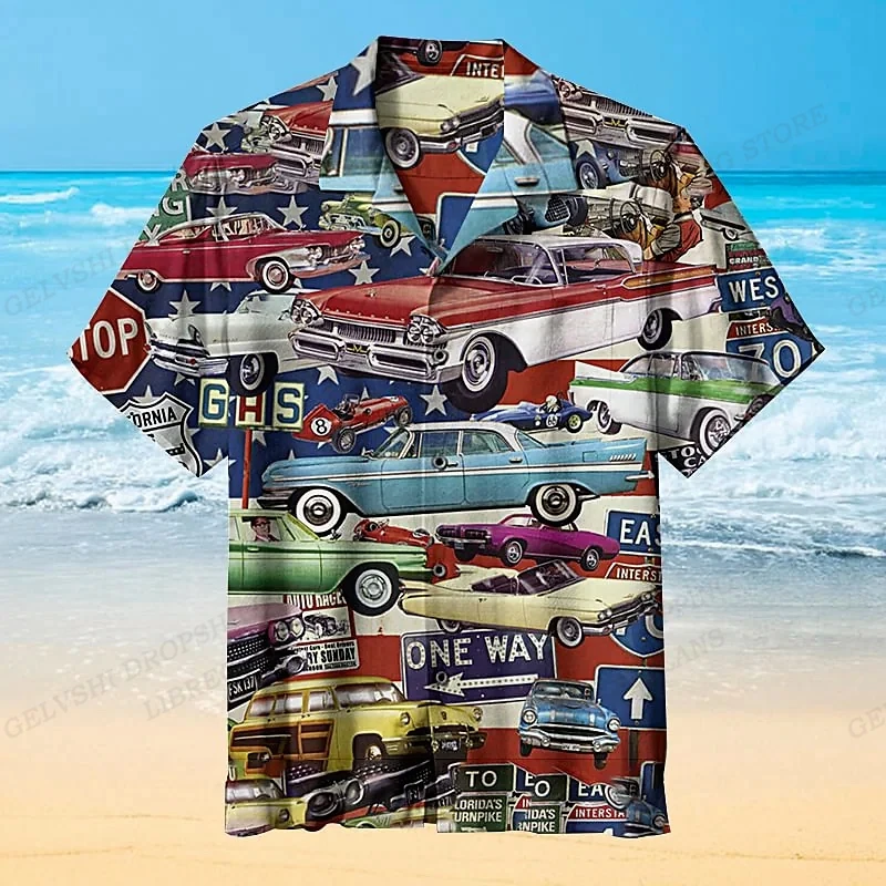 Men's Hawaiian Shirt Car Graphic Print Shirts Men Fashion Casual Beach Blouse Vocation Lapel Motorcycle Camisa 2