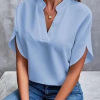 1pcs Woman New Summer Solid Color Shirts Lady Casual Short Sleeve V-neck Collar Loose Shirts Female Fashion Pullover Tops - Image 3