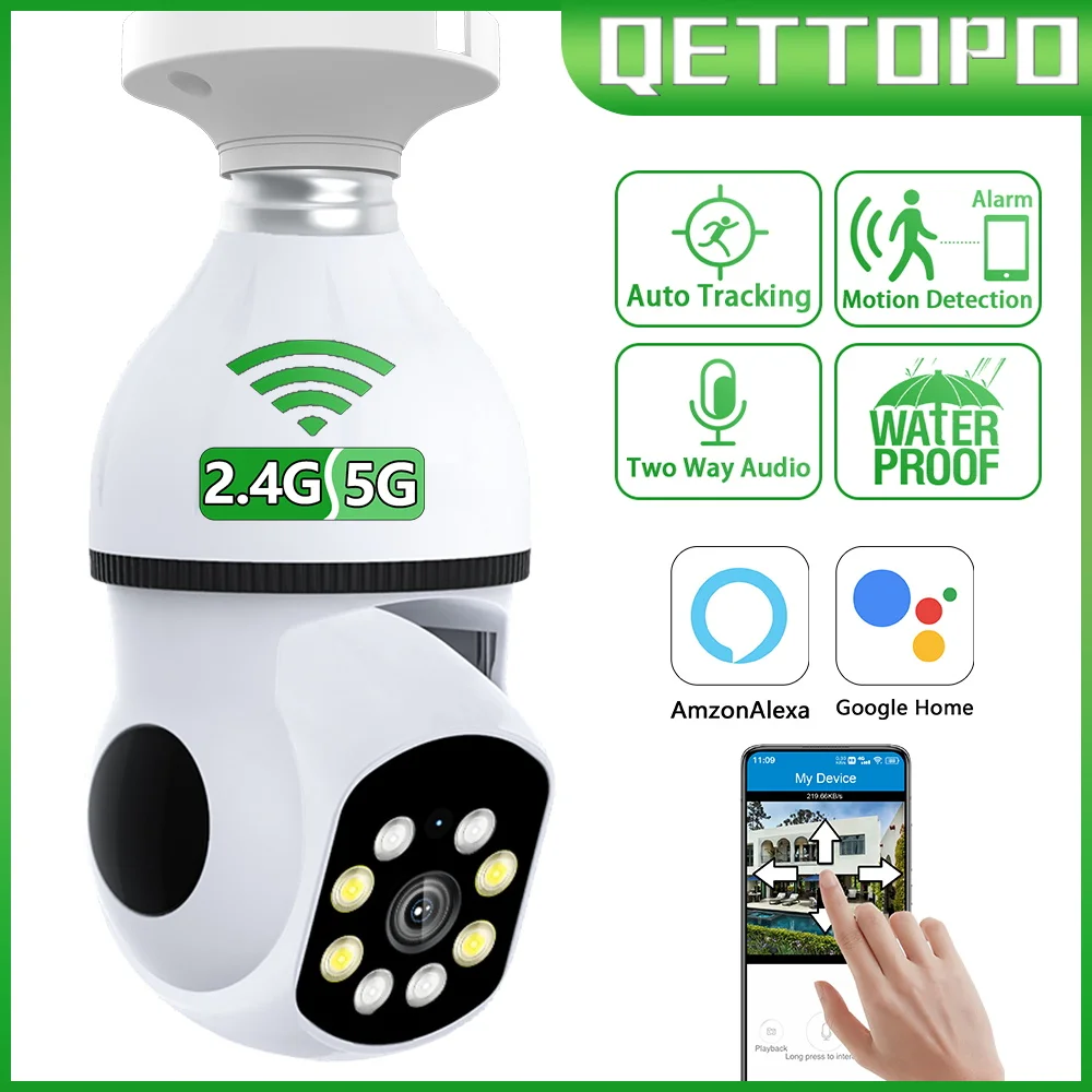 Qettopo 4mp 5G Wifi E27 Lamp Camera Ai Menselijke Tracking Indoor Home