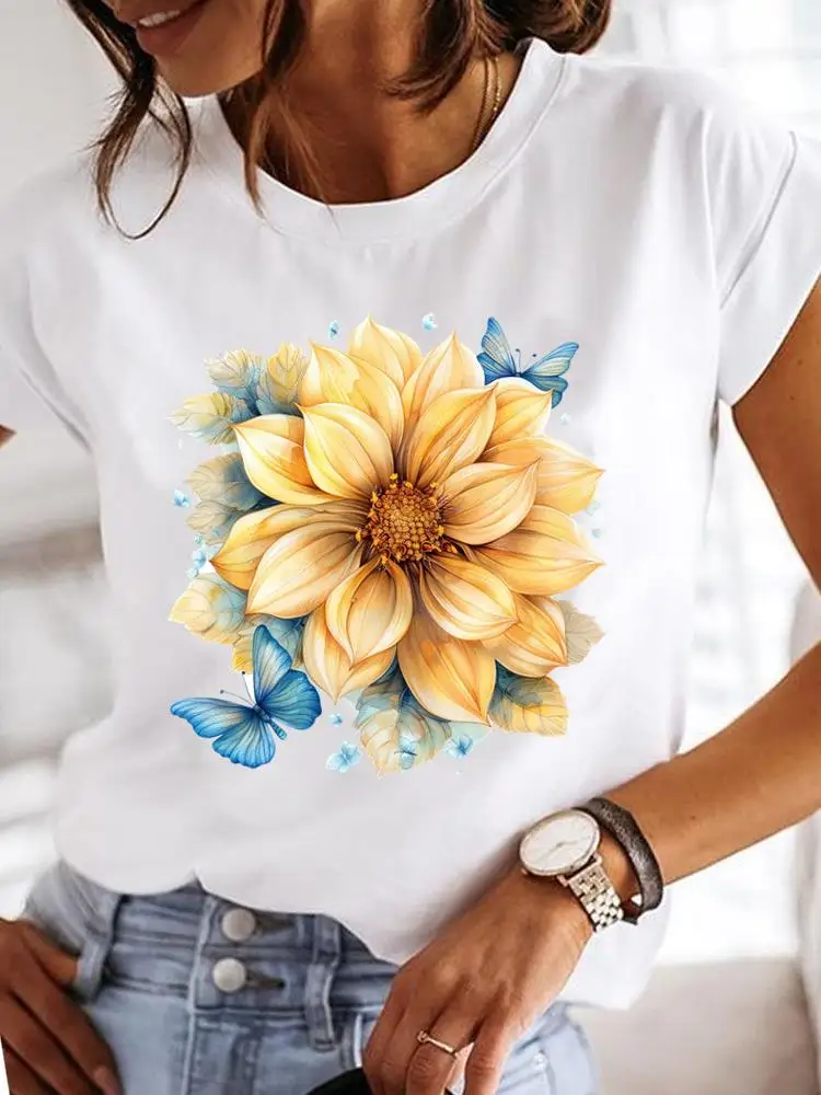Clothes T Female Clothing For Women Graphic Tee Fashion Lady Sweet Flower 90s Casual Top O-neck Short Sleeve Print T-shirts