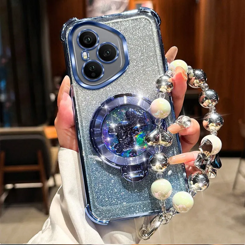 Shockproof Glitter Plating Phone Case with Pony Bracket and Beaded Bracelet