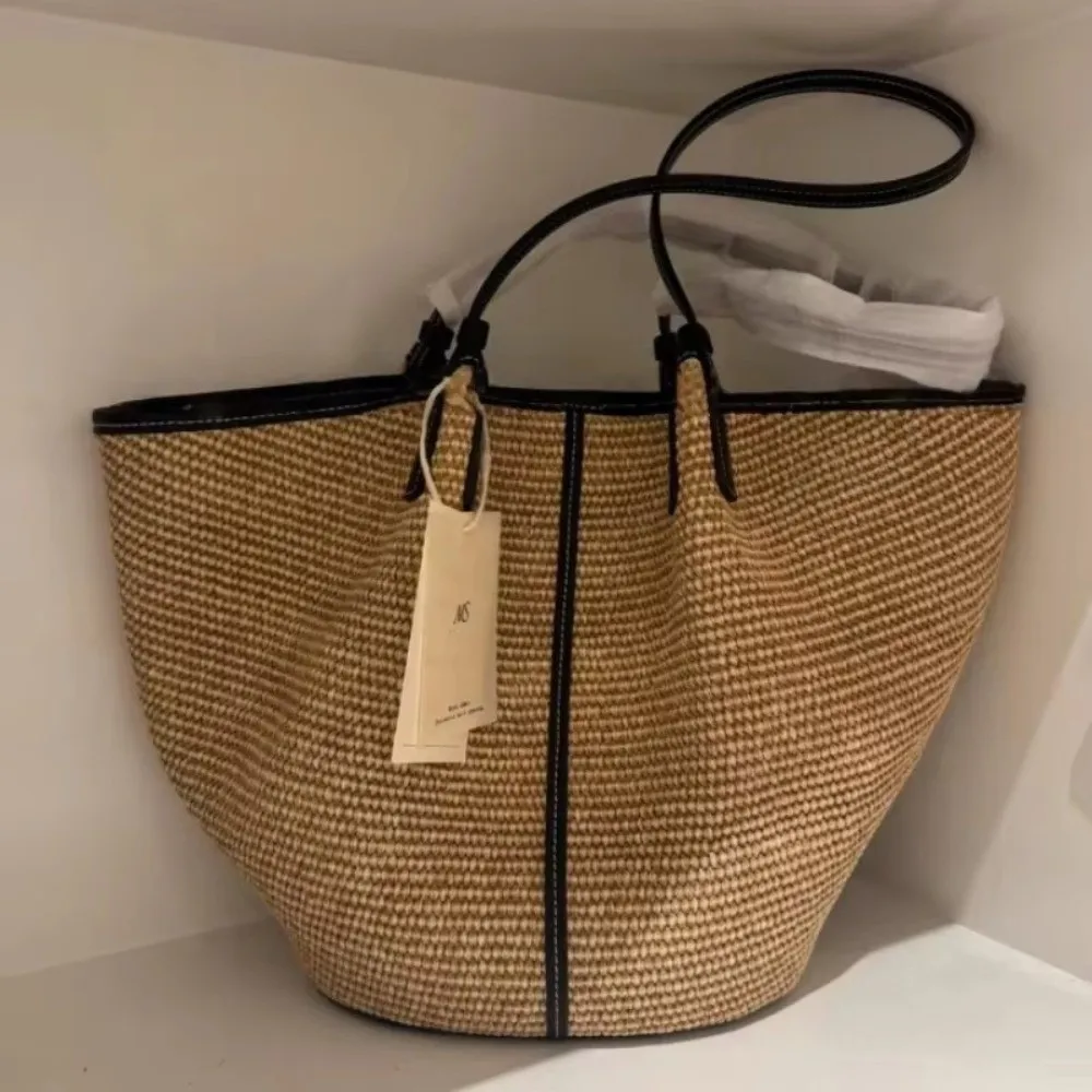 Borsa a Tracolla Intrecciata alla Moda, Pieghevole, Grande Capacità, con Finiture a Contrasto, Borsa Hobo in Rattan