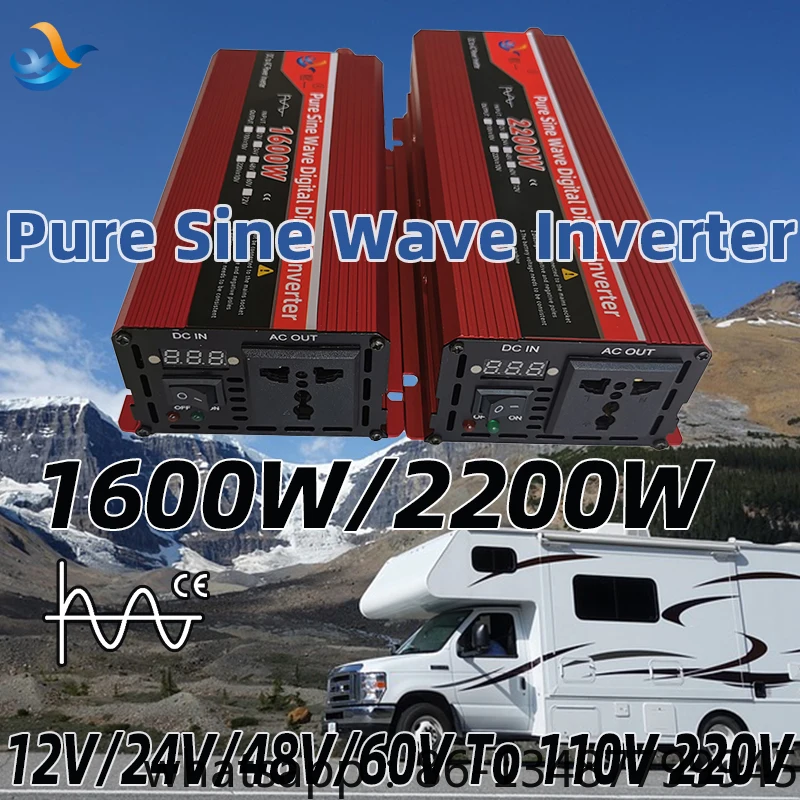 순수 사인파 전력 인버터, DC 12V, 24V, 48V, 60V-AC 110V, 220V 전압, 50Hz, 60Hz, 1600W, 2200W 커넥터, 자동차 인버터
