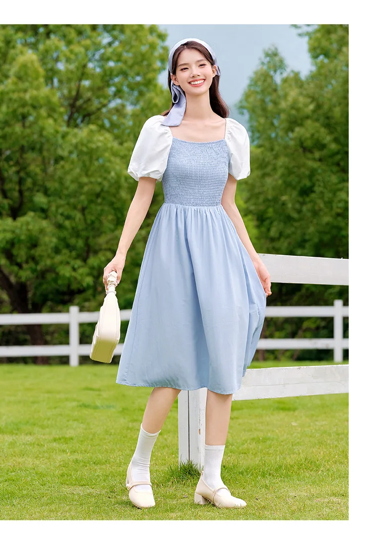 Dress Women Color-Blocking Puff Sleeves Sweet and Elegant Temperament Autumn Hepburn Style Tight Retro Skirt