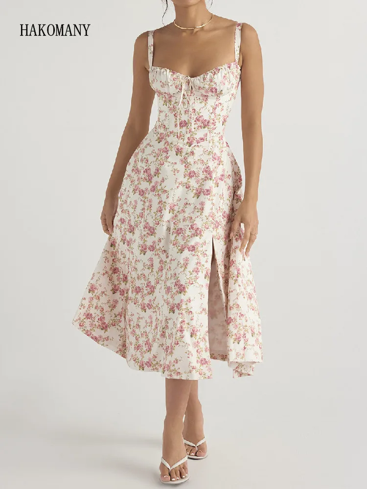 

Sexy Cross Lacing up Bandage Back Flower Print Sling Dress Corset Style Bow Pleated Ruched Chest Hem Slit Swing Midi Robe