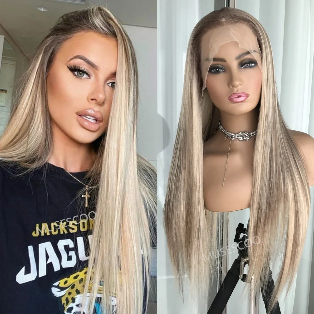 

Highlight Brown Blonde Straight Synthetic Lace Front Wig for Women Silver Golden Colored Heat Resistant Fiber Frontal Wigs Long