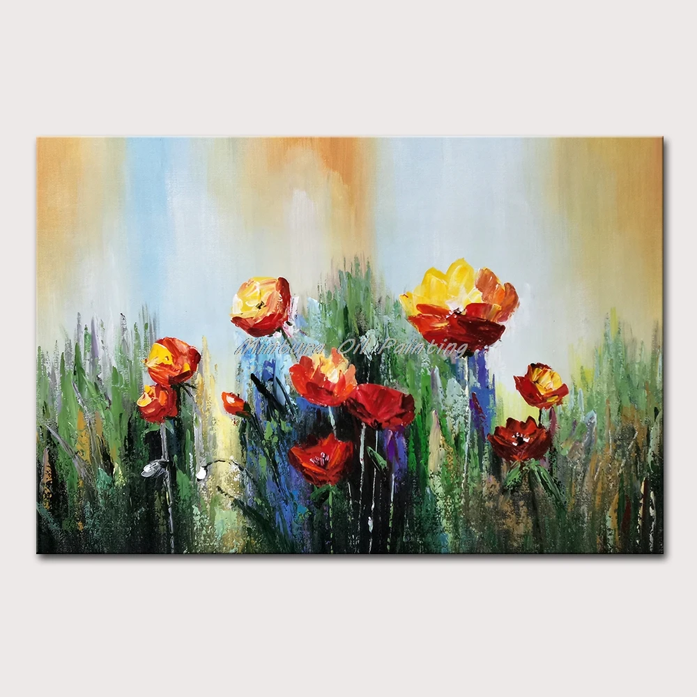 

Mintura Wall Picture for Living Room Oil Paintings on Canvas,Hand-Painted Red Flowers in The Grass Hotel Decor Wall Art No Frame