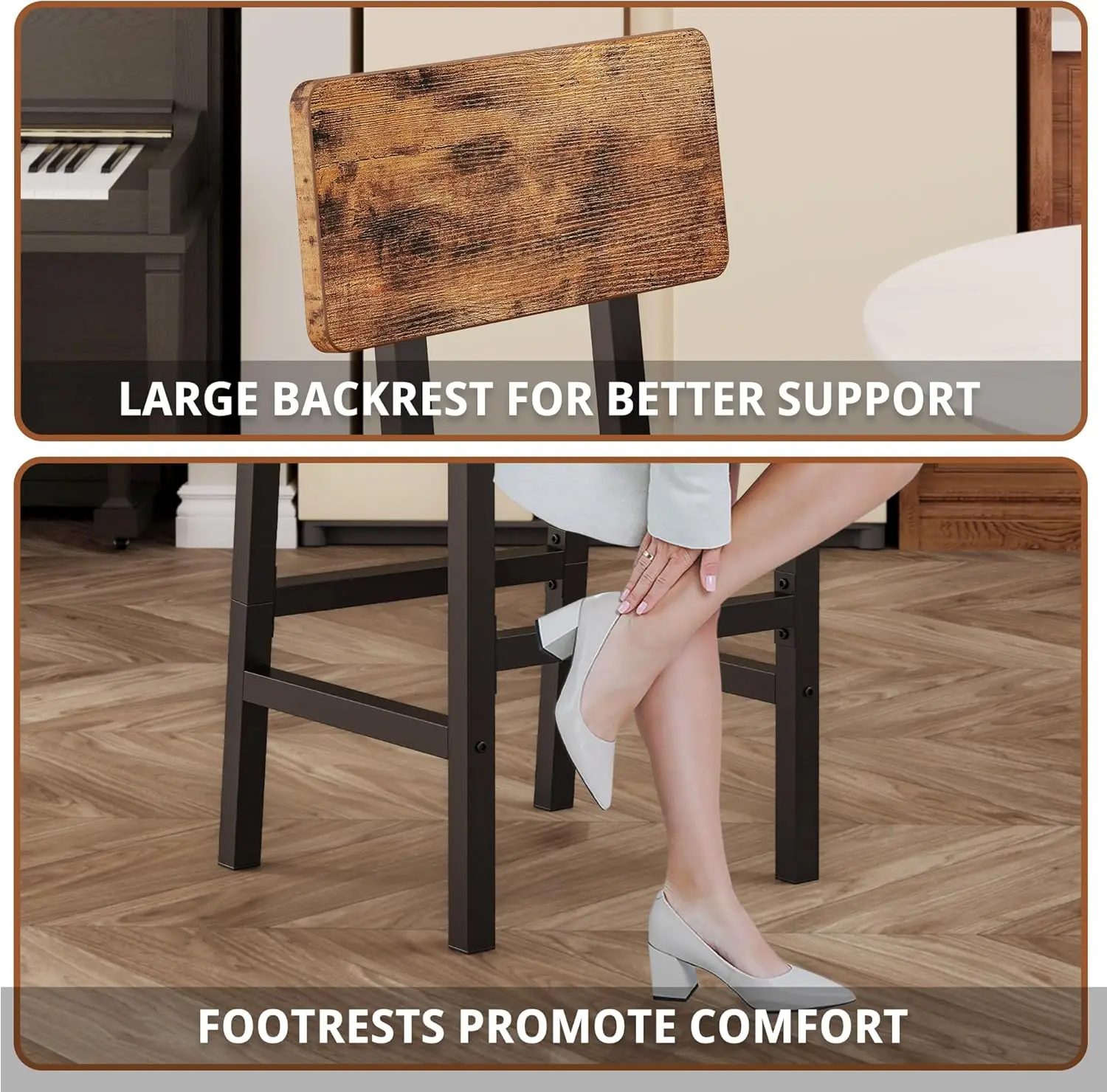 Bar Stools Set of 2, 16.5in Square PU Upholstered Barstools with Back and Footrest, Thick Cushion Stools