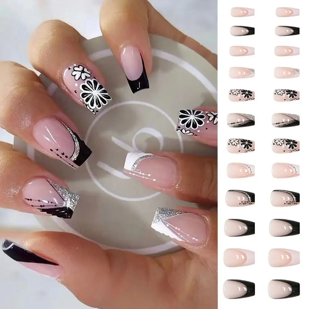 

24pcs Short Ballerina French Fake Nails Sweet Flowers Black White False Nails Full Cover Nail Tips Press on Nails DIY Detachable