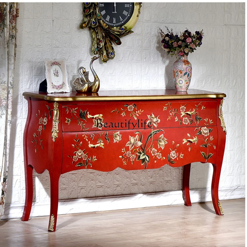 

American Light Luxury Entrance Cabinet Solid Wood Two-Drawer Red Painted Storage Wall Edge Curio Cabinet European Style