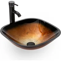 16.5" Bathroom Vessel Sink Artistic Single Tempered Glass Basin Countertop Bowl Sink, W/Water Save Faucet Pop Up Drain ﻿ 1