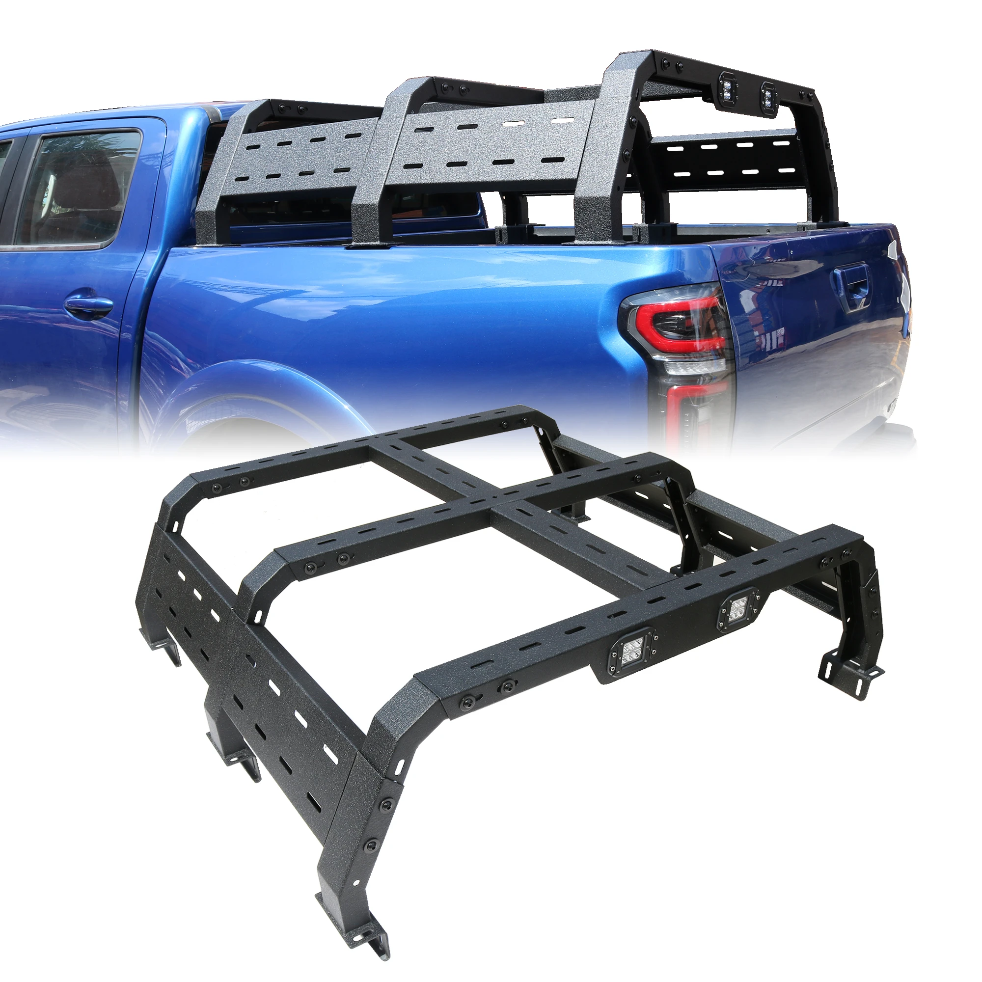 Universal Adjustable Truck Bed Rack Roll Bar with Red Light & 2x LED