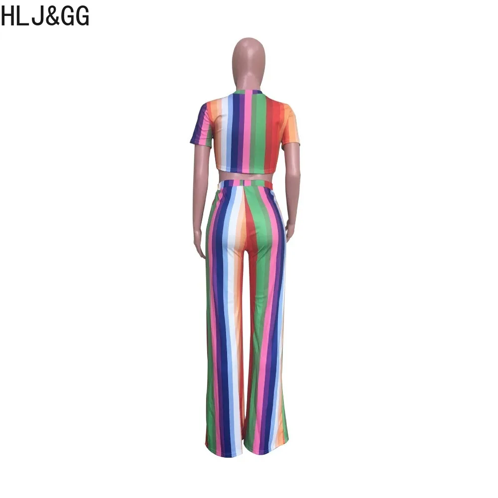 HLJ&GG Fashion Stripe Printing Wide Leg Pants Two Piece Sets Women Round Neck Short Sleeve Crop Top And Pants Outfits Tracksuits
