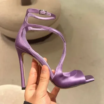 Satin Luxury Sexy Thin High Sandals Women Square Toe Ankle Strap Elegant High Heels Ladies Fashion Designer Party Shoes Pumps 1