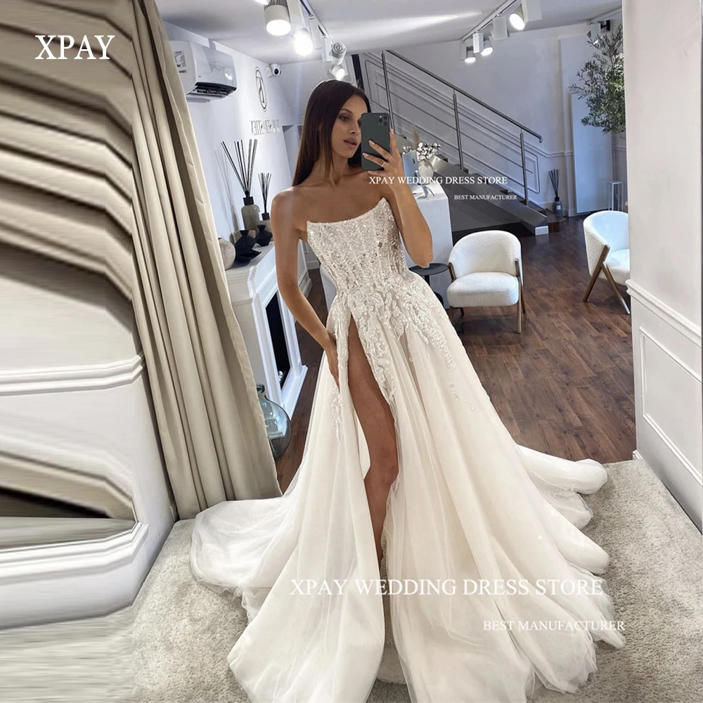 

XPAY Modern Beading Lace A Line Beach Wedding Dresses 2024 Strapless High Split Tulle Sweep Train Bridal Gowns Robe De Mariee