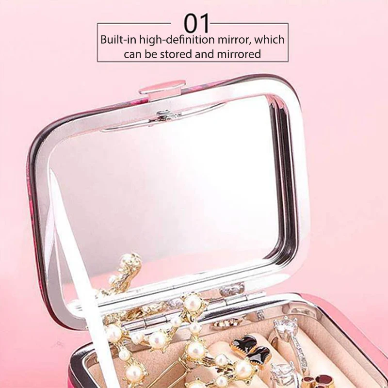 Portable Jewelry Storage Box With Mirror PU Leather Earring Ring Necklace Storage Box Jewelry Organizer Display Travel Case