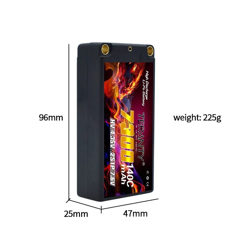 Vue rapprochée des connecteurs XT60, XT90, EC5 et TRX sur une batterie LiPo 7.4V 5200mAh.