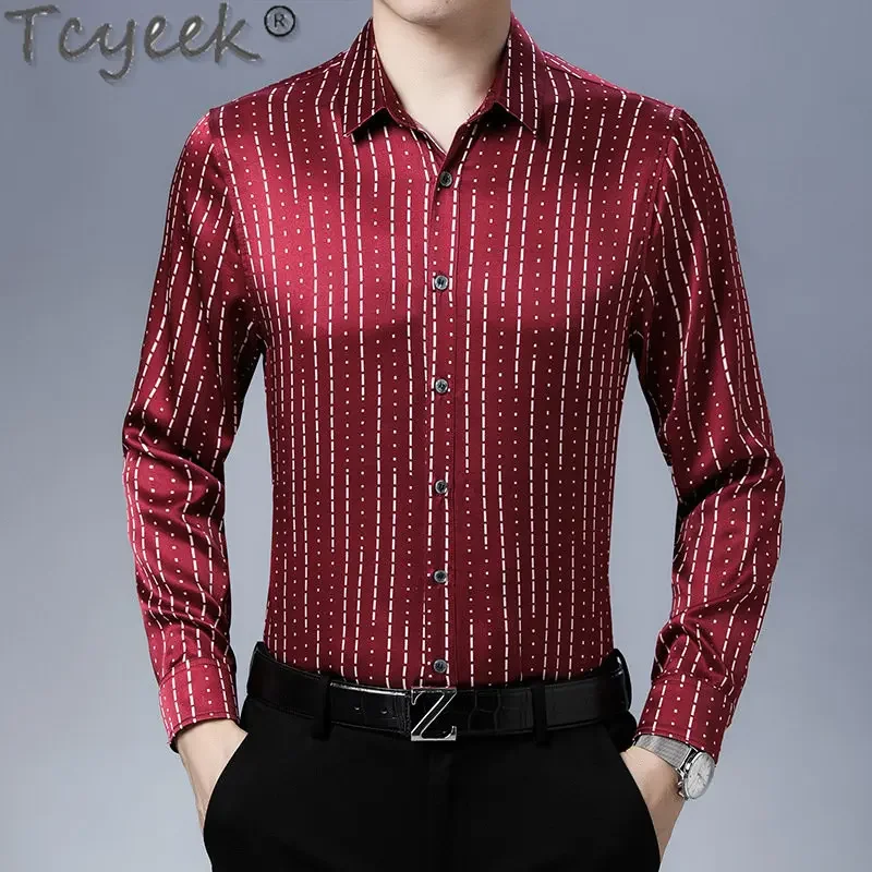 

Рубашка Tcyeek мужская из шелка тутового шелкопряда, Повседневная модная одежда, топ в полоску с длинным рукавом, весна-осень 92.5%