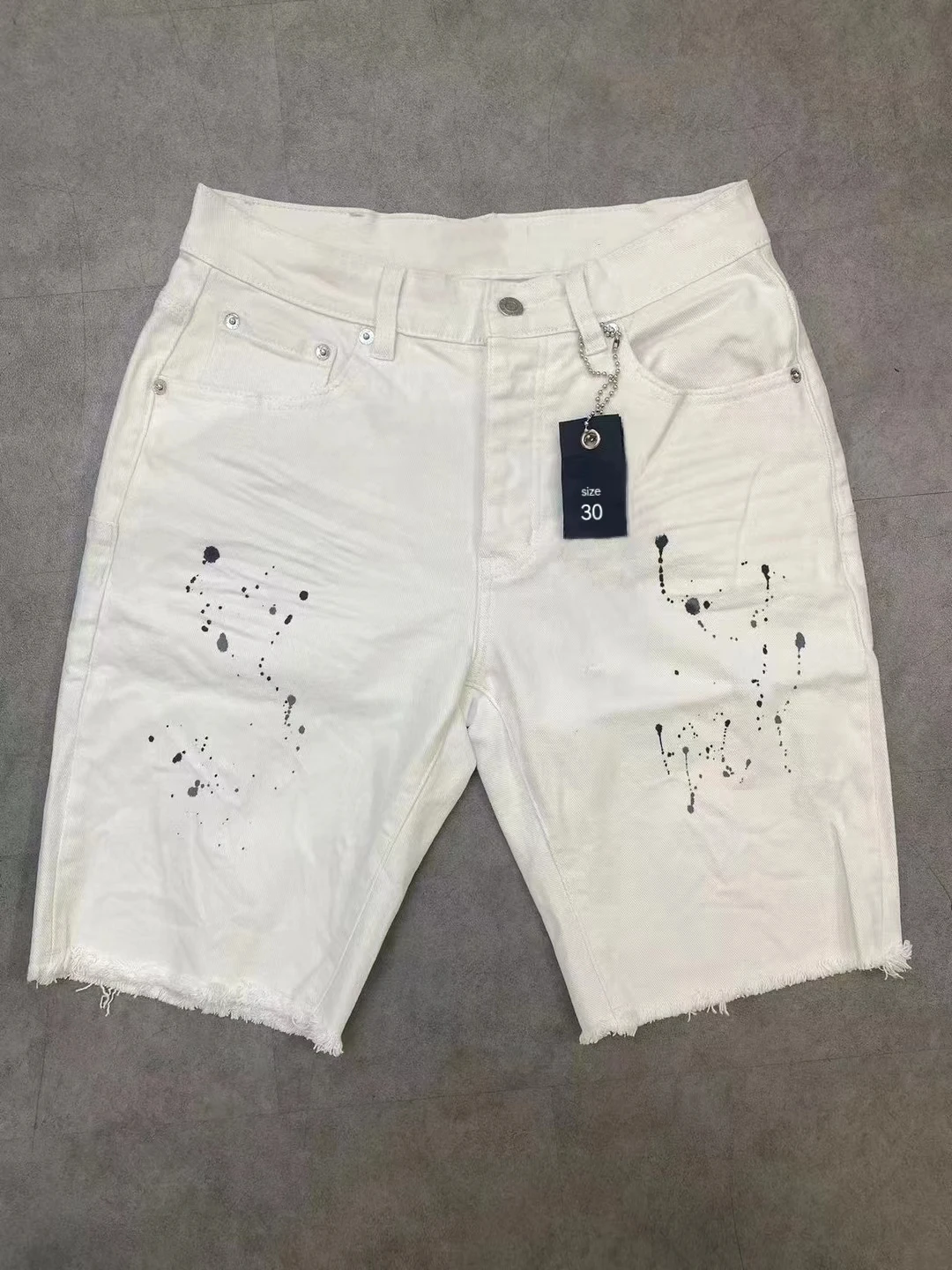 

Fashion Brand White Denim Shorts Men's Summer Ink Splashing Casual High Street Knee Length Shorts