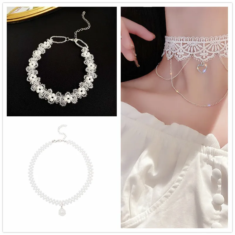 Lace Choker Necklaces Pearl Tassel Lace Necklace for Ladies Girls