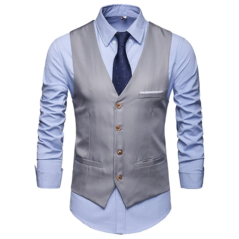 

Stylish Mens Formal Suit Vest V Neck Sleeveless Solid Color Business Waistcoat (Gray Black Navy blue Wine red)