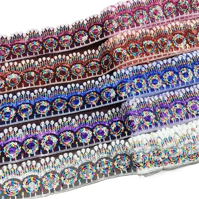 5.5cm Width Glitter Gold Silver Sequins Flower Lace Ribbons mesh organza Ribbon Fabric Dress Garments hair Accessories GH135