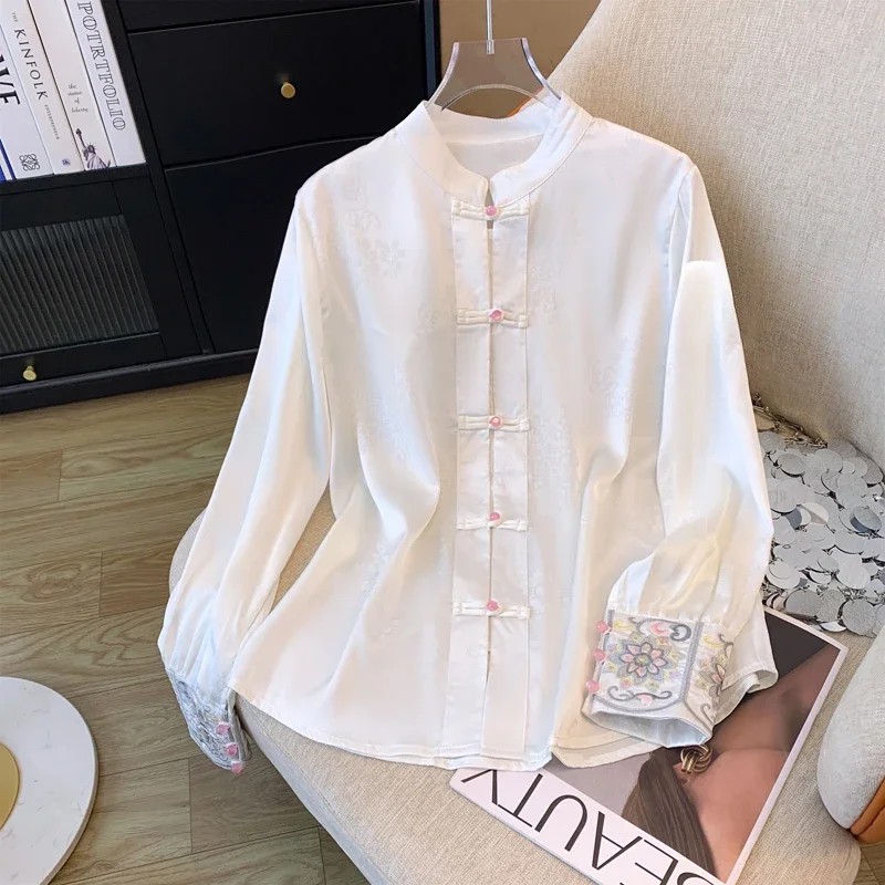 

Женская атласная рубашка в китайском стиле, свободные блузки с вышивкой, модная одежда, Женские топы с длинным рукавом для весны и лета YCMYUNYAN