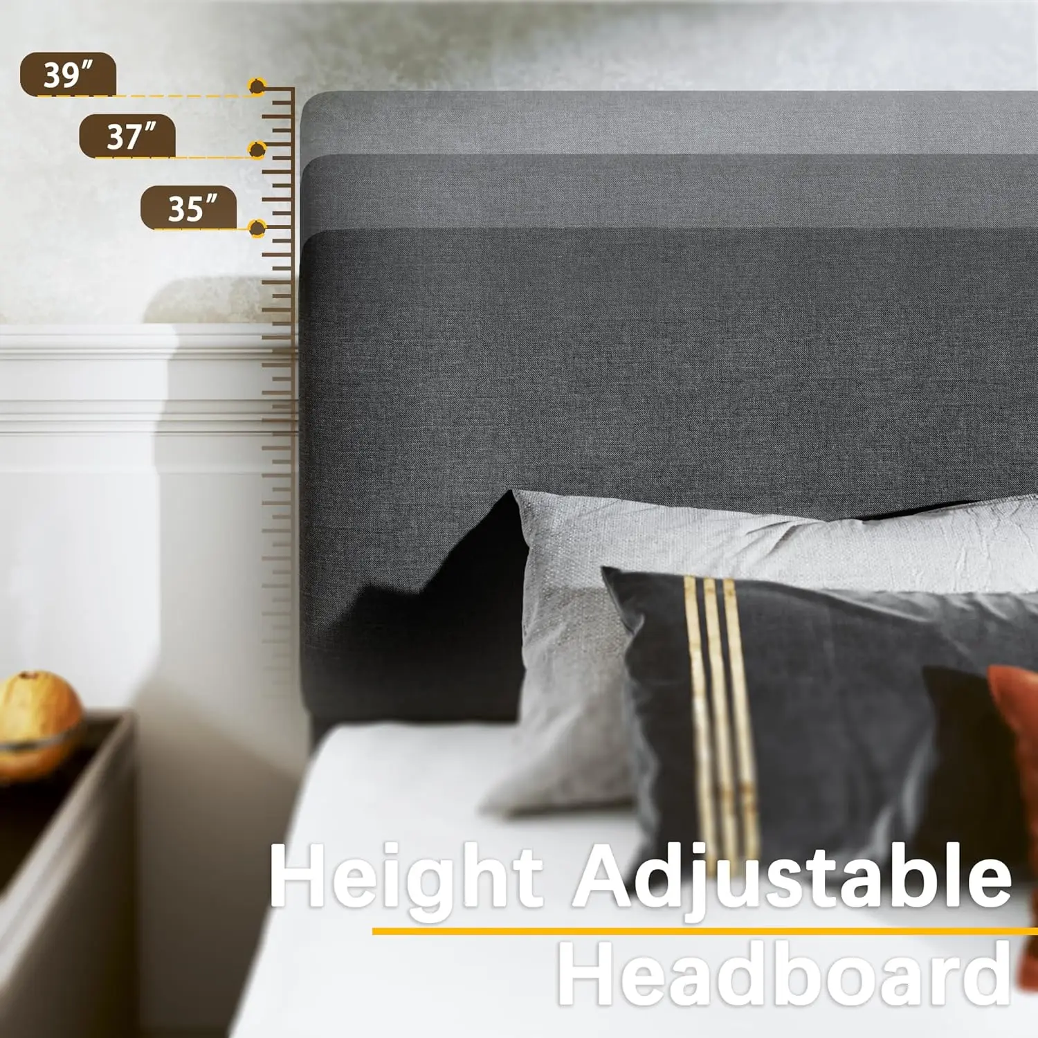 Description Picture 4 of itemBed Frame with Adjustable Headboard Upholstered Bed Frame Platform Linen Fabric Headboard Wooden Slats Support