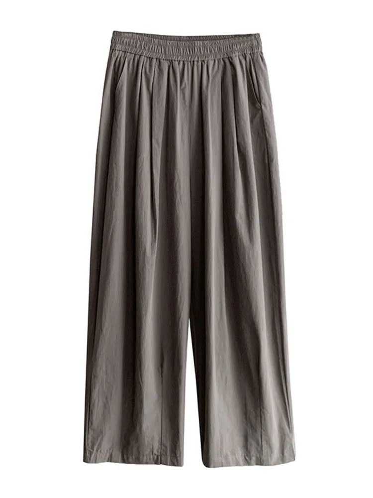 [LANMREM] Minimalism Elastic High Waist Wide Leg Pants For Women Straight Loose Casual Trousers Fashion 2024 Summer New 26D9371