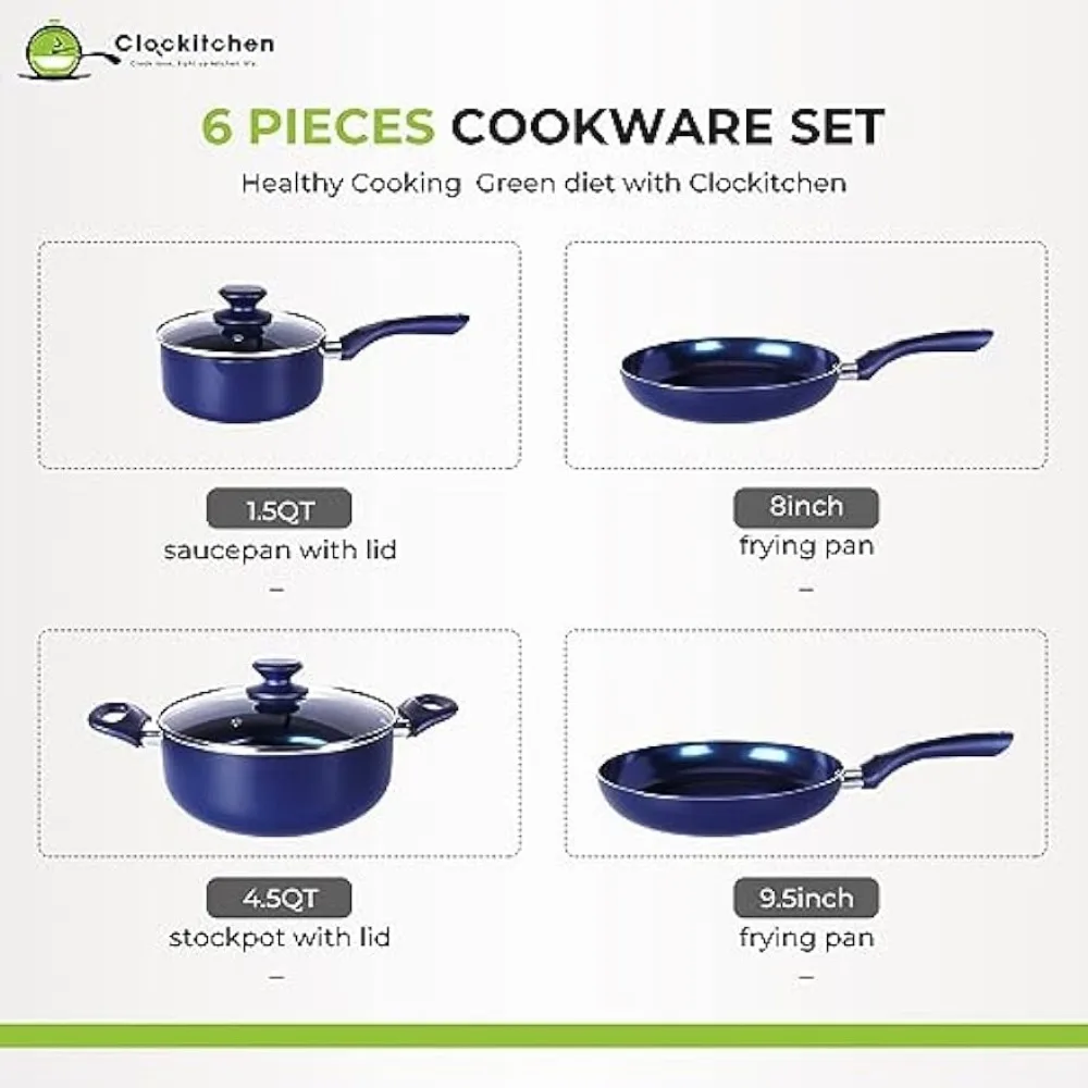 Clockitchen 6-piece Non-stick Cookware Set Pots and Pans Set for Cooking -  Ceramic Coating Saucepan, Stock Pot with Lid, Frying Pan, Copper 