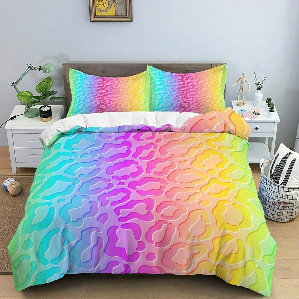 Women Rainbow Cheetah Printed Bedding Set Twin Colorful Leopard Printed Duvet Cover Set Psychedelic King Quilt Cover Decorative 