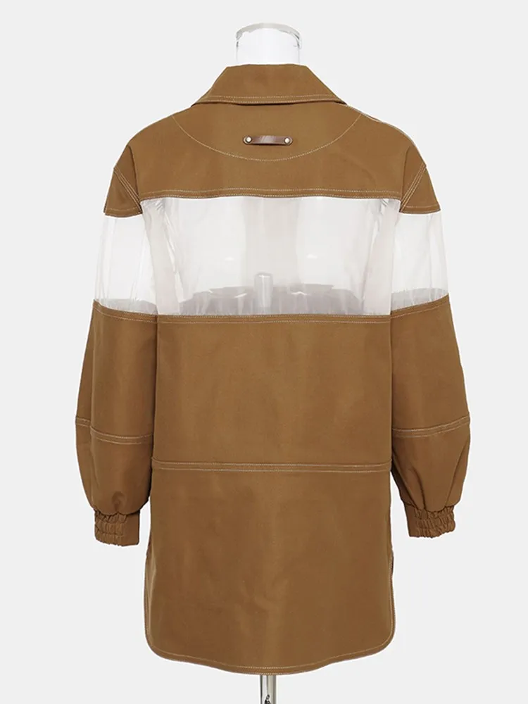 KBQ Hit Color Casual Jackets For Women Lapel Long Sleeve Spliced Pockets Straight Double Breasted Coats Female Fashion New Style