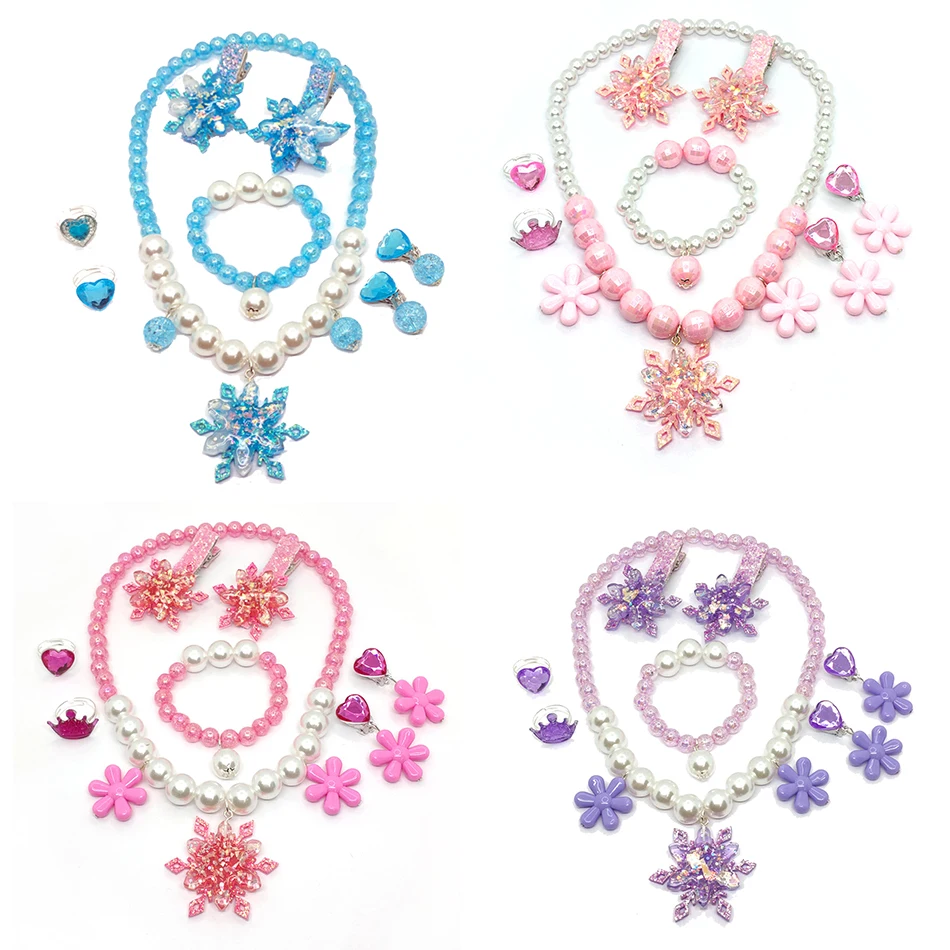 الأطفال ندفة الثلج إلسا فستان مجوهرات للفتيات الوردي الوردي الأزرق الأرجواني قلادة سوار حلقة أقراط أورورا رابونزيل تأثيري