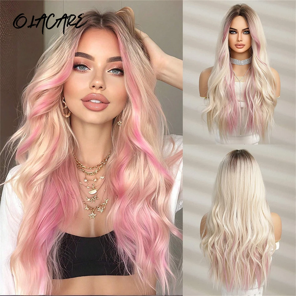 Synthetic Blonde Brown Pink Wig for Women Daily Cosplay