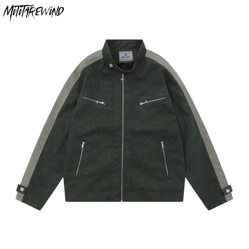 

American Baseball Pocket Jacket Couple Stand Collar Loose Autumn Winter Casual Oversized Korean Patchwork Vintage Streetwear Top