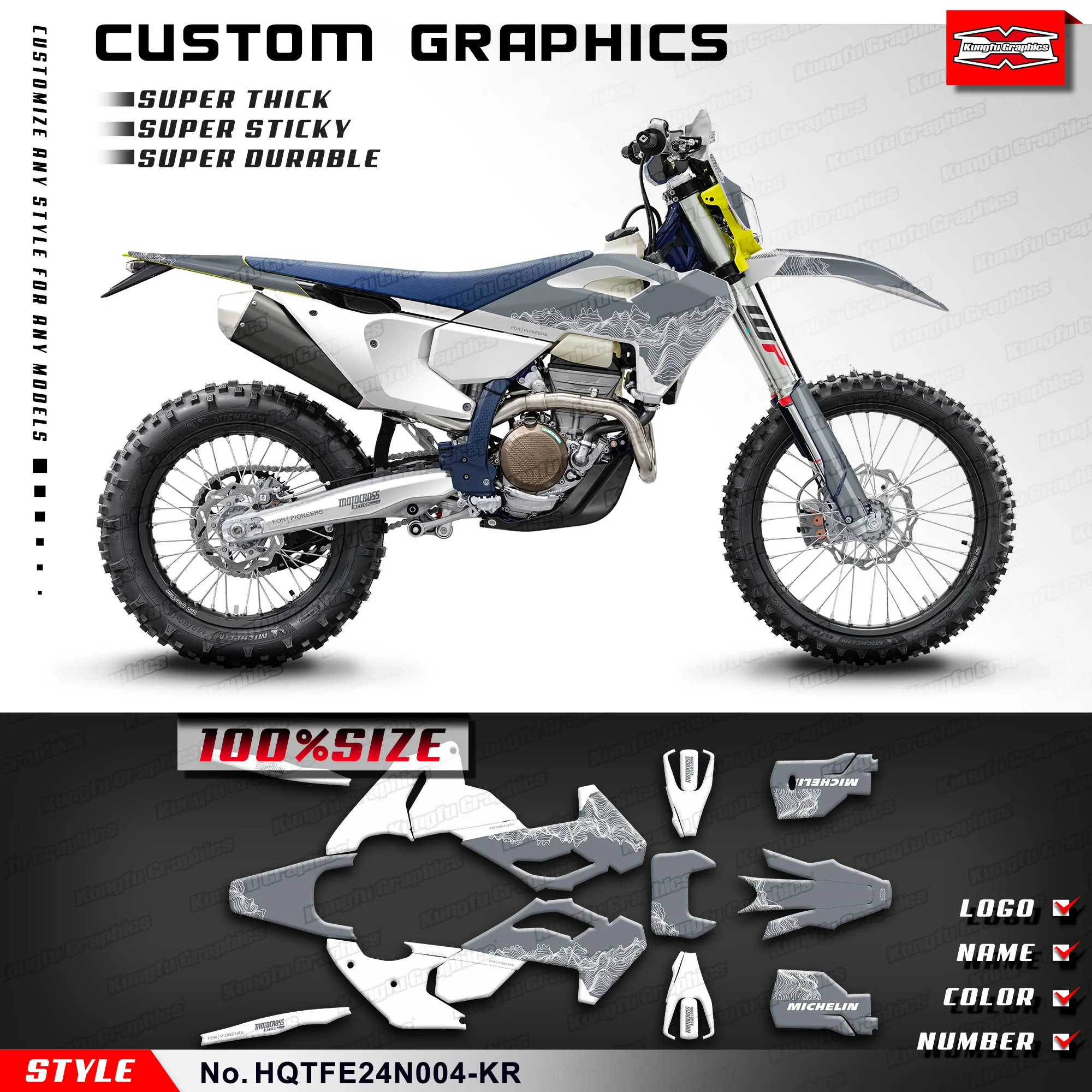 KUNGFU GRAPHICS Full Off Road Sticker Enduro Decal Kit for Husqvarna TE FE 150 250 300 450 501 2023 2024 Gray