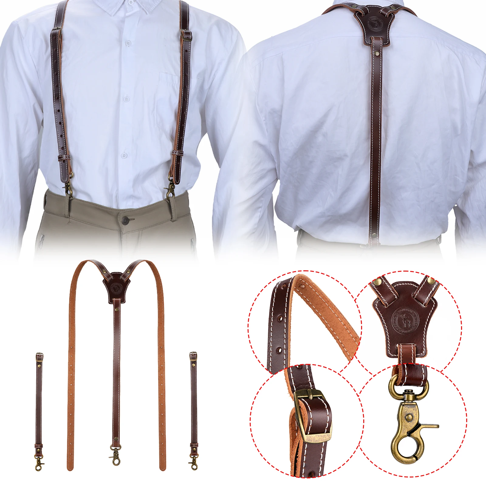 Tourbon 가죽 청바지 후크 버클 Y 스트랩 도구 벨트, 성인 셔츠 세트 스트랩 바지 멜빵 의무 벨트 하네스, 3 클립 다크 브라운