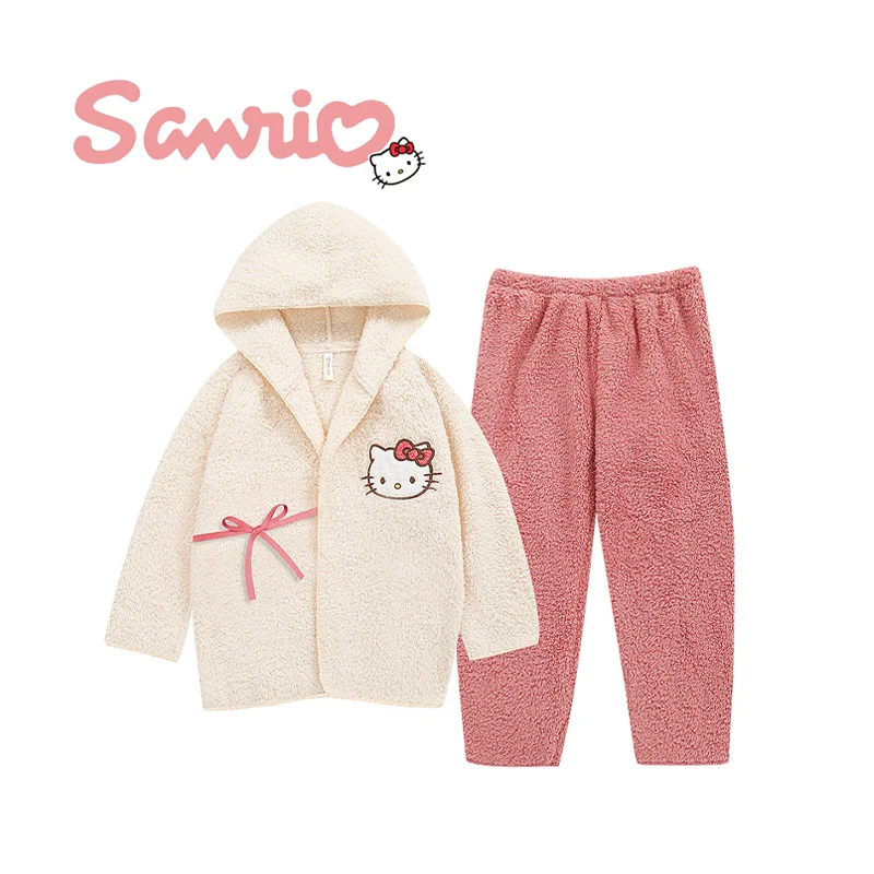

Sanrio Hellokitty Sleepwear Suit Coral Plush Thickened Warm Tops Trousers Home Clothes 2 Pcs Set Y2k Women Cute Soft Homewear