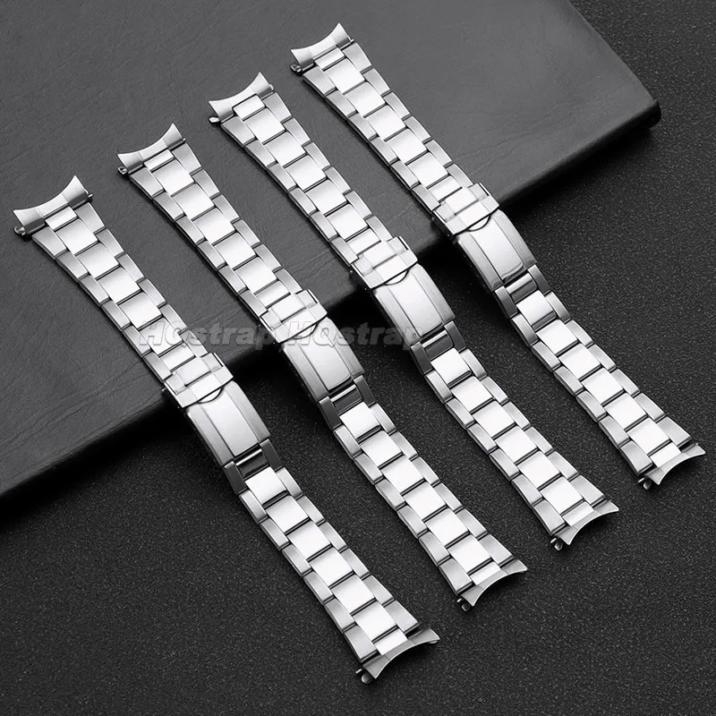 Elegant Curved End Stainless Steel Watch Band with Deployment Clasp - Durable Metal Strap