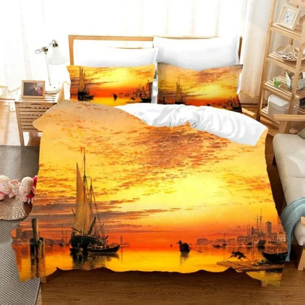SailBoat Sea Bedding Set Ocean Sunset Scenery Duvet Cover Pillowcases Twin Full Queen King Size for Kid Adult Gift Bed Linen