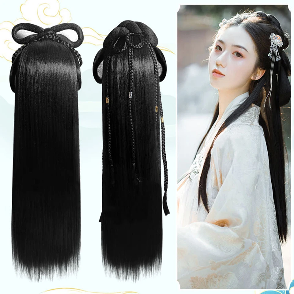 SEEANO Hanfu Wig Headband Women Chinese Style Synthetic Hair Piece Antique Modelling Cos Pad Hair Accessories Headdress Black