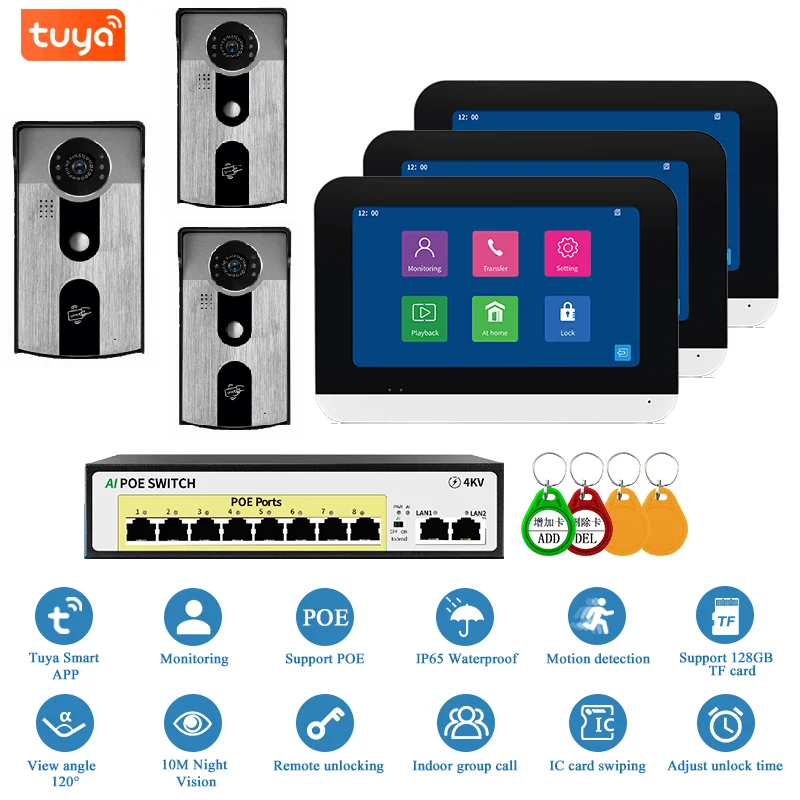 

Tuya Smart WIFI IP Video Door Phone With 8 Port POE Switch 7"HD Intercom System RFID Unlock Building Doorbell 3 Cameras Kits