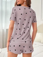 2-Piece Women's Love Print Knit Fashionable Soft Short Sleeve and Shorts Sleepwear Set for Comfortable Home Wear 2