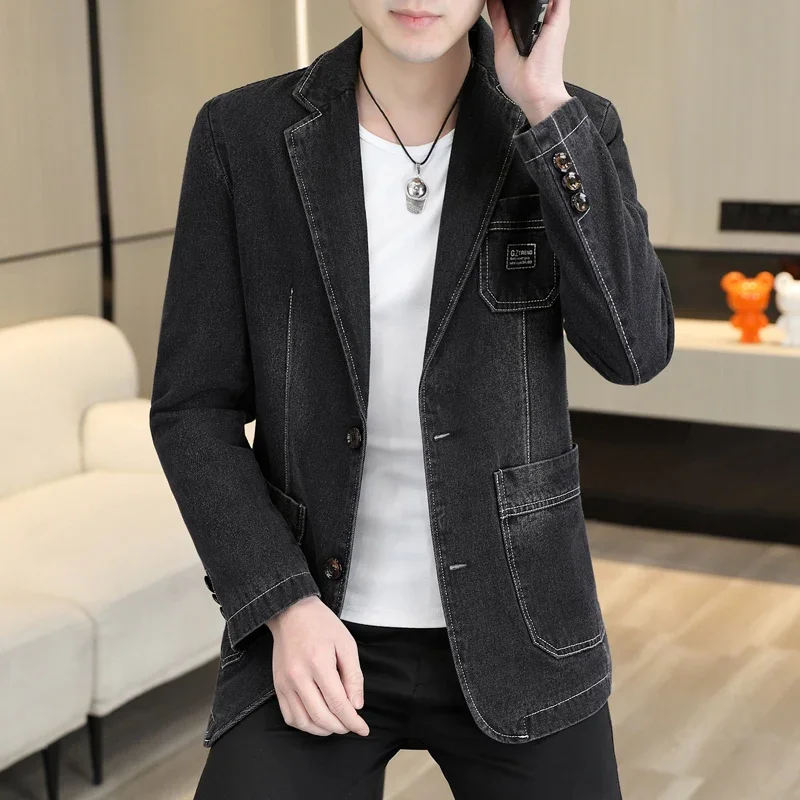 

Boutique Men's New Fashion Business Casual Slim Gentleman Korean Version of Solid Color Trend Denim Lapel Youth Trend Blazer