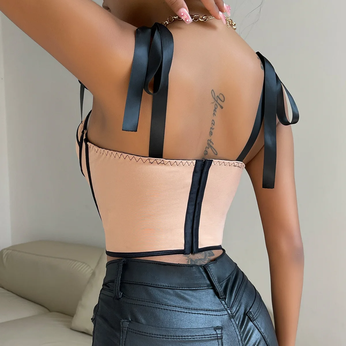 2024 New European and American Style Design Sensual Spice Girl Ribbon Strap Crop Tops Patchwork Stripe Fishbone Bandage Corsets 2