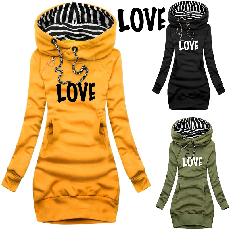 Fashion Love Printed Women Autumn Winter Long Sleeve Casual Hoodies Dress Sweater Dress Plus Size
