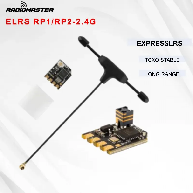 Vue de dessus du récepteur RadioMaster Nano RP2 ELRS 2.4GHz avec antenne et connecteurs